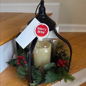 Black Lantern with Candle and Holiday Decor